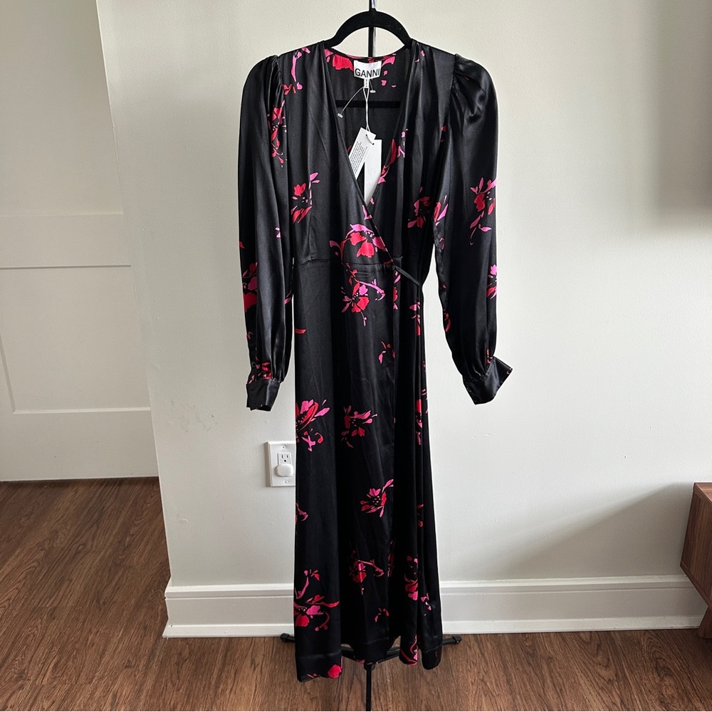 GANNI Black Floral Wrap Dress